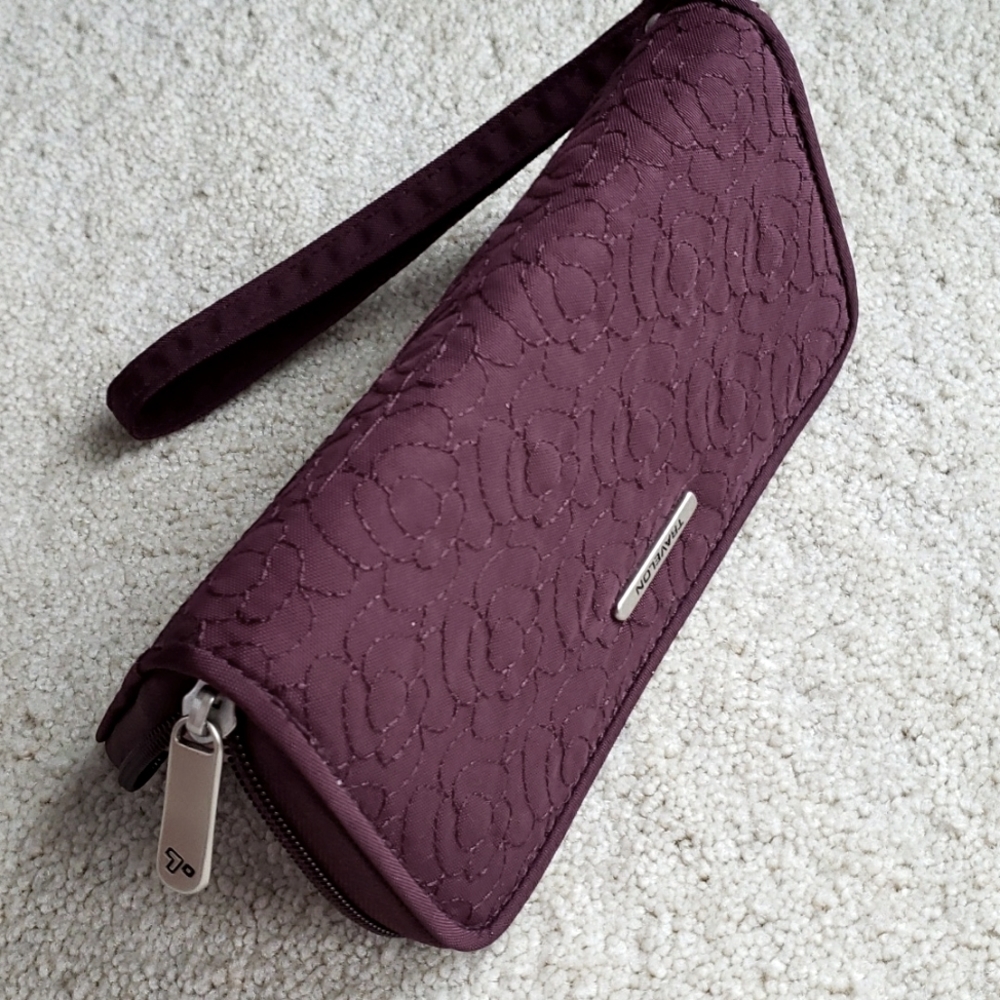 TRAFELON *RFID Blocking Burgundy Stitched Cloth Wallet/Clutch w. Strap